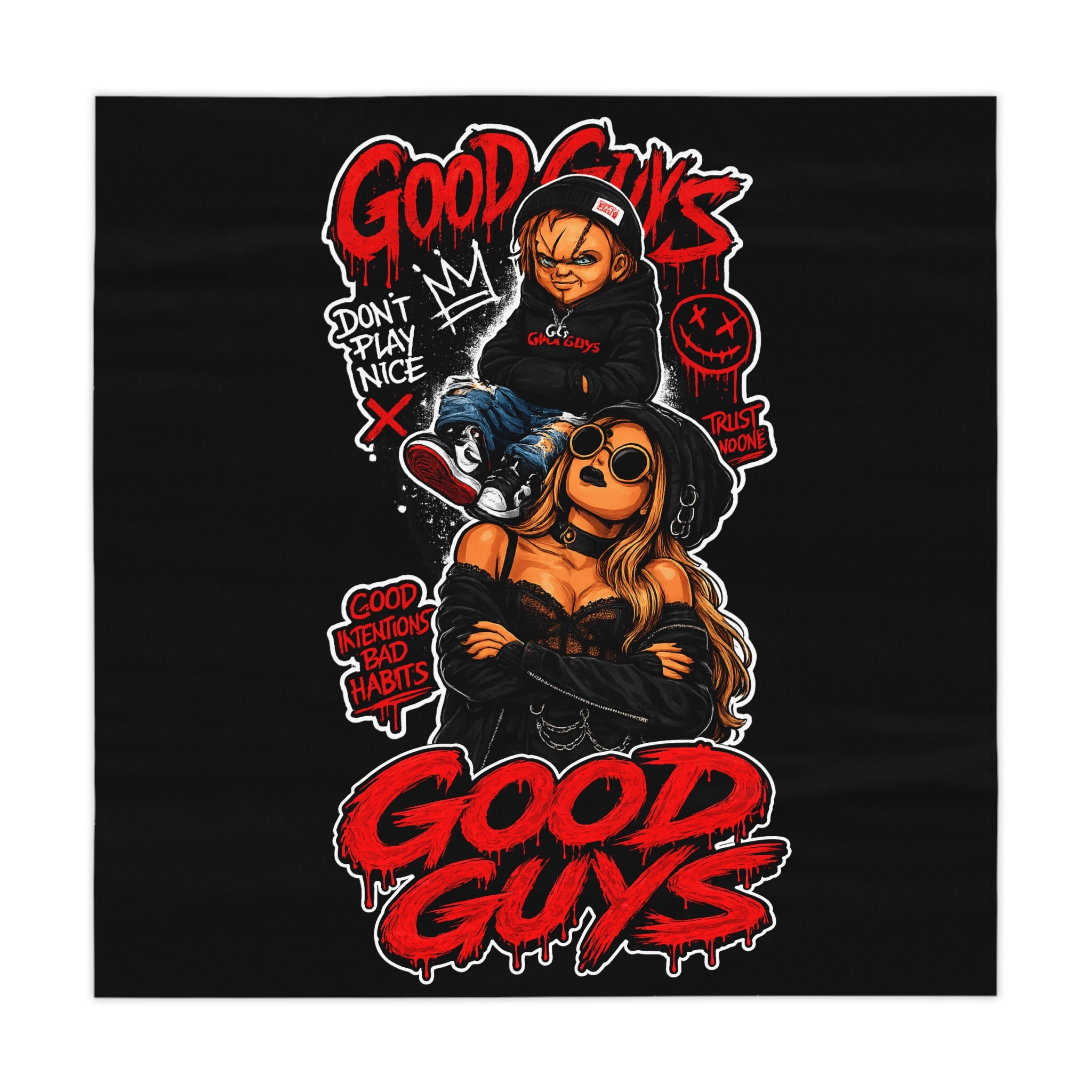 Good Guys Graphic Tablecloth — Black Horror-Style Party Table Cover