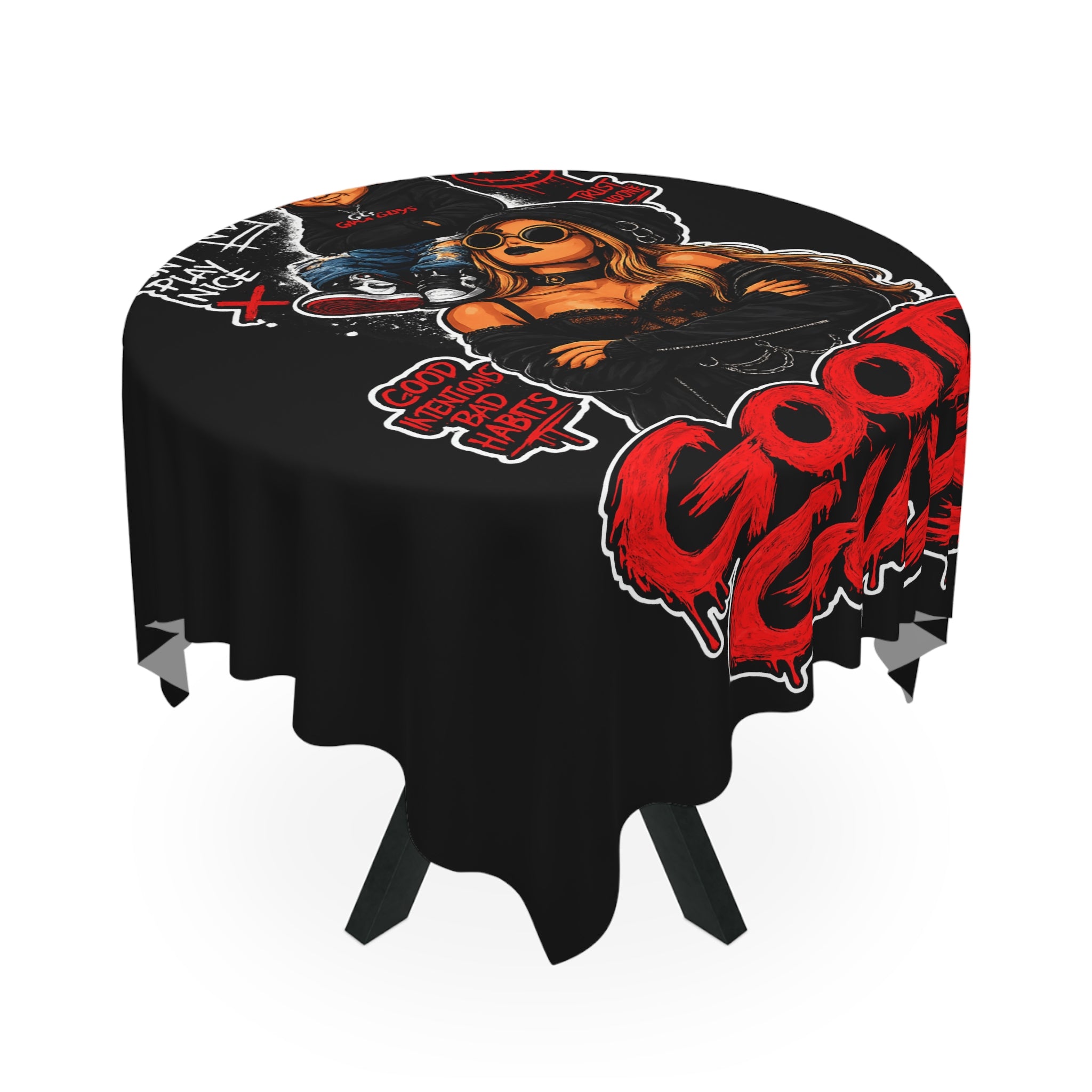 Good Guys Graphic Tablecloth — Black Horror-Style Party Table Cover
