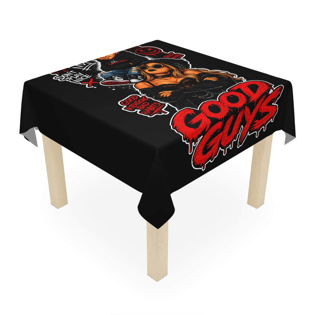 Good Guys Graphic Tablecloth — Black Horror-Style Party Table Cover