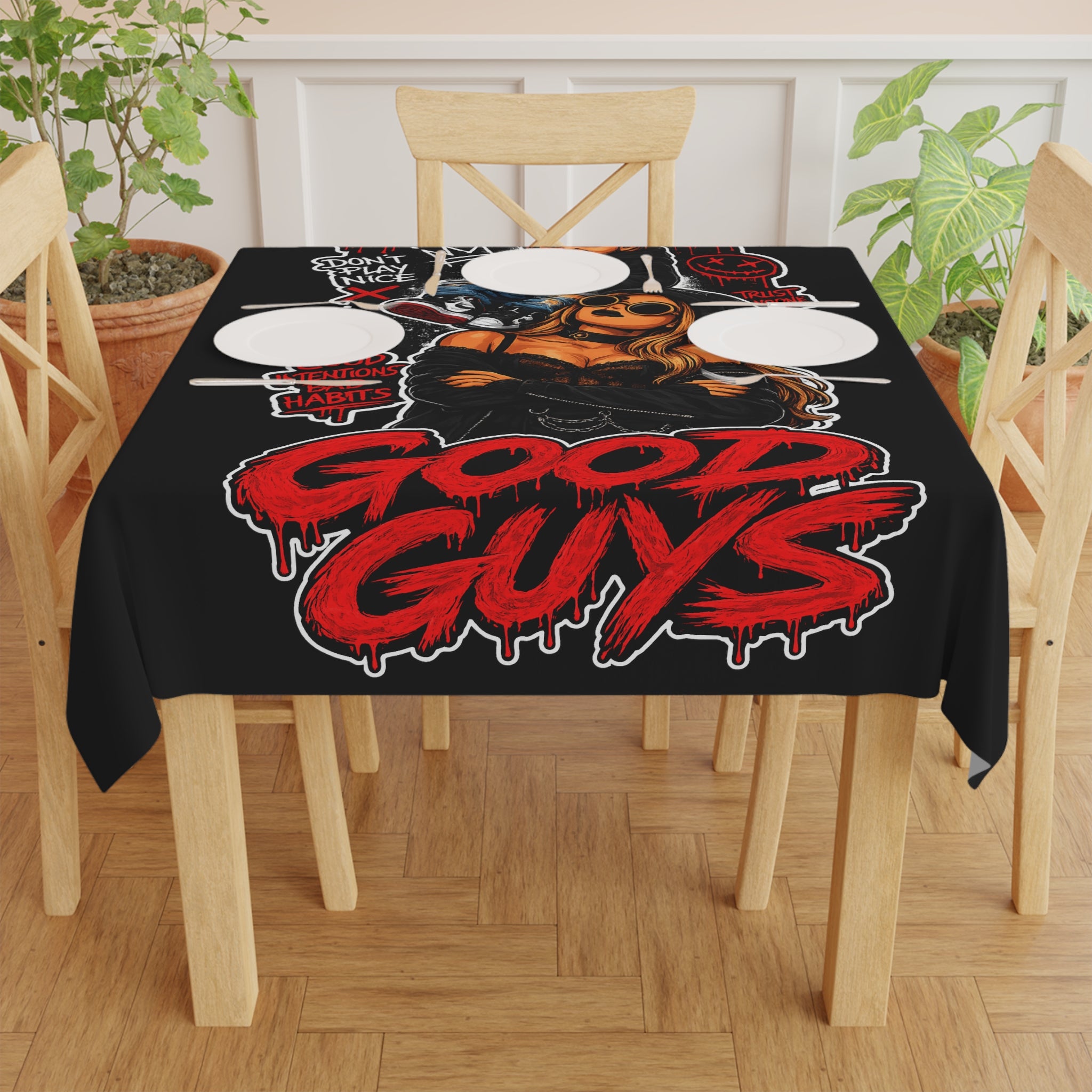 Good Guys Graphic Tablecloth — Black Horror-Style Party Table Cover